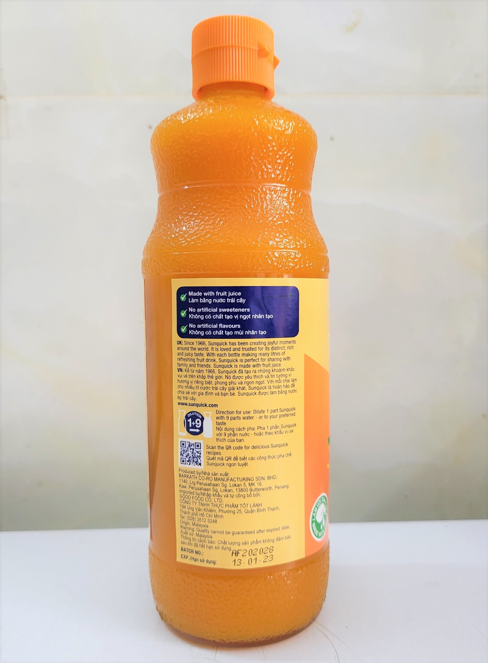 [Chai 800ml – CAM] NƯỚC ÉP TRÁI CÂY CÔ ĐẶC [Malaysia] SUNQUICK Orange Fruity and Refreshing