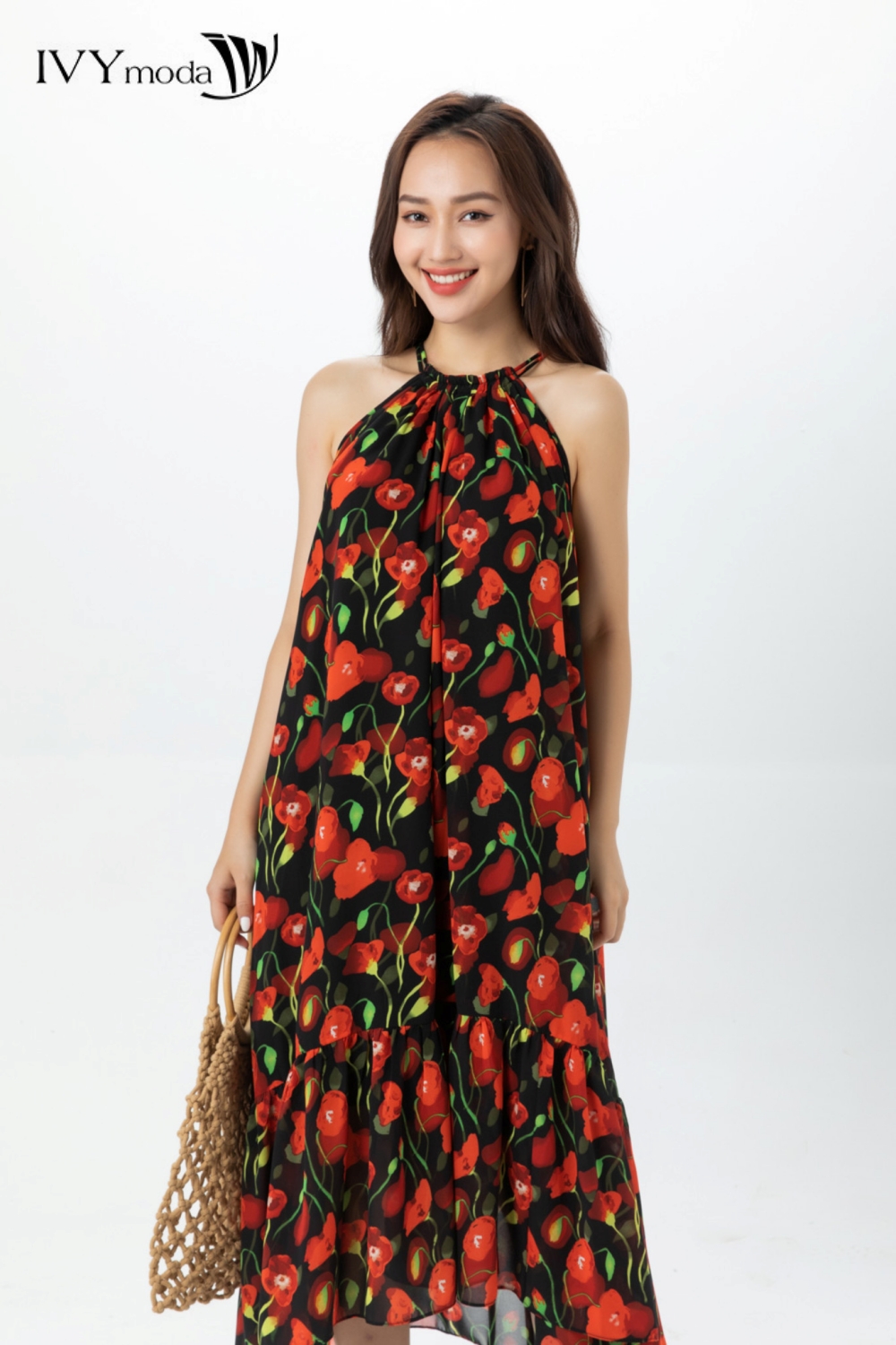 Đầm lụa cổ yếm phối dây sau IVY moda MS 41M7496