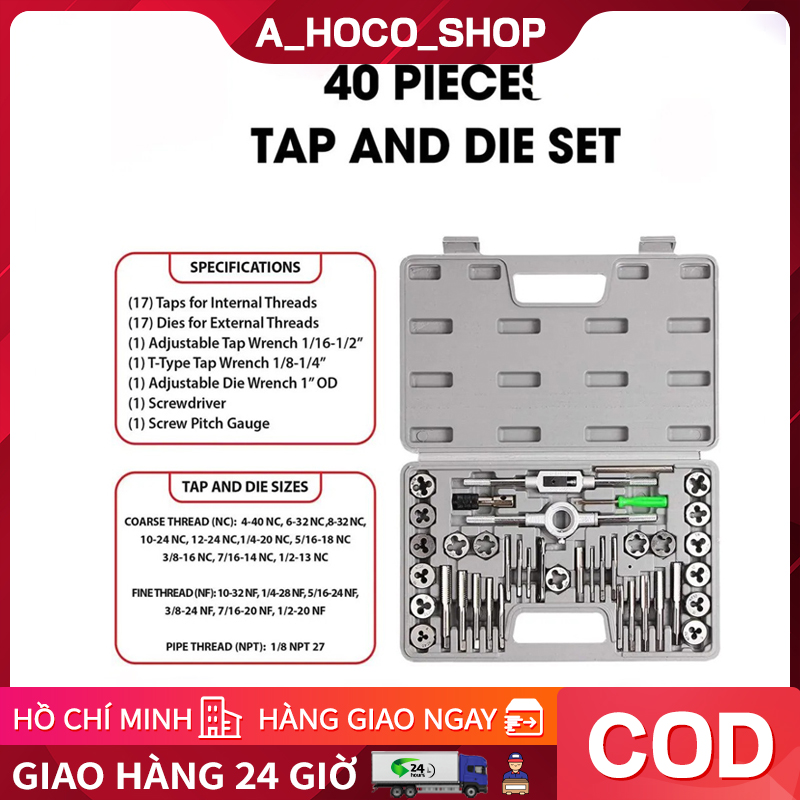 Bộ tạo ren 40 chi tiết bộ taro hợp kim siêu cứng - Bộ tay quay taro tạo ren trong và ngoài