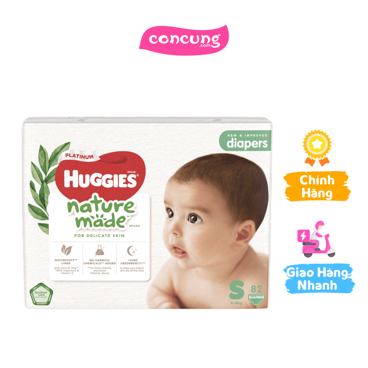 Bỉm tã dán Huggies Platinum Nature Made size S 82 miếng (4-8kg)