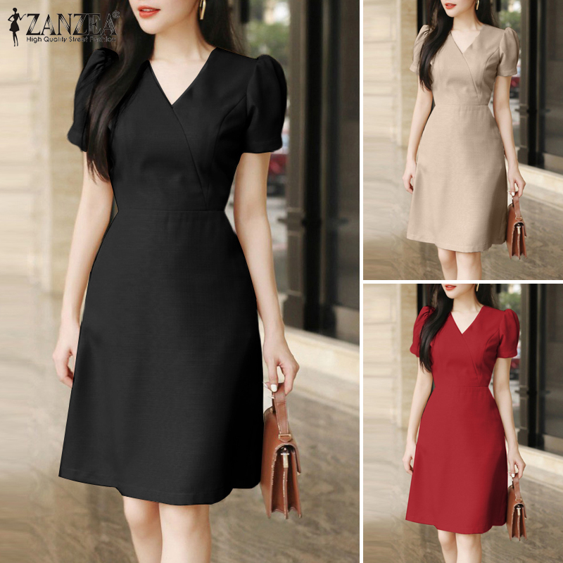 ZANZEA%20Korean%20Style%20Womens%20Elegant%20Party%20Puff%20Sleeve%20V-Neck%20Sundress%20Plain%20Mini%20Dresses%20Red%20Dress%20-%20Image%207