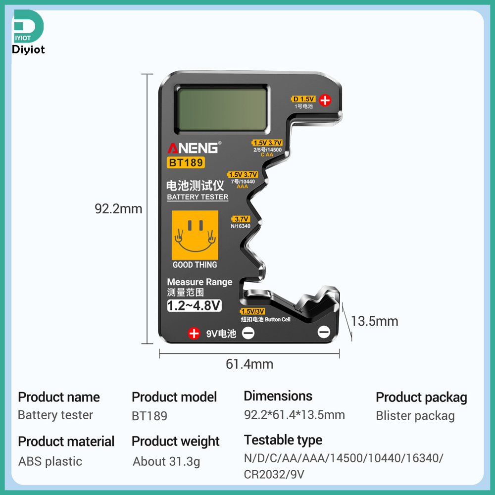 Diyiot ANENG BT189 Battery Tester LCD Display Universal Battery Checker for AA AAA 9V 1.5V/3V Button Cell Batteries