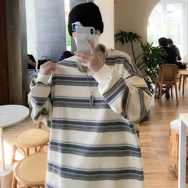 TIDE BEAR New men's sweatshirt Striped sweatshirt Pullover sweatshirt Trendy tops Crewneck loose coat