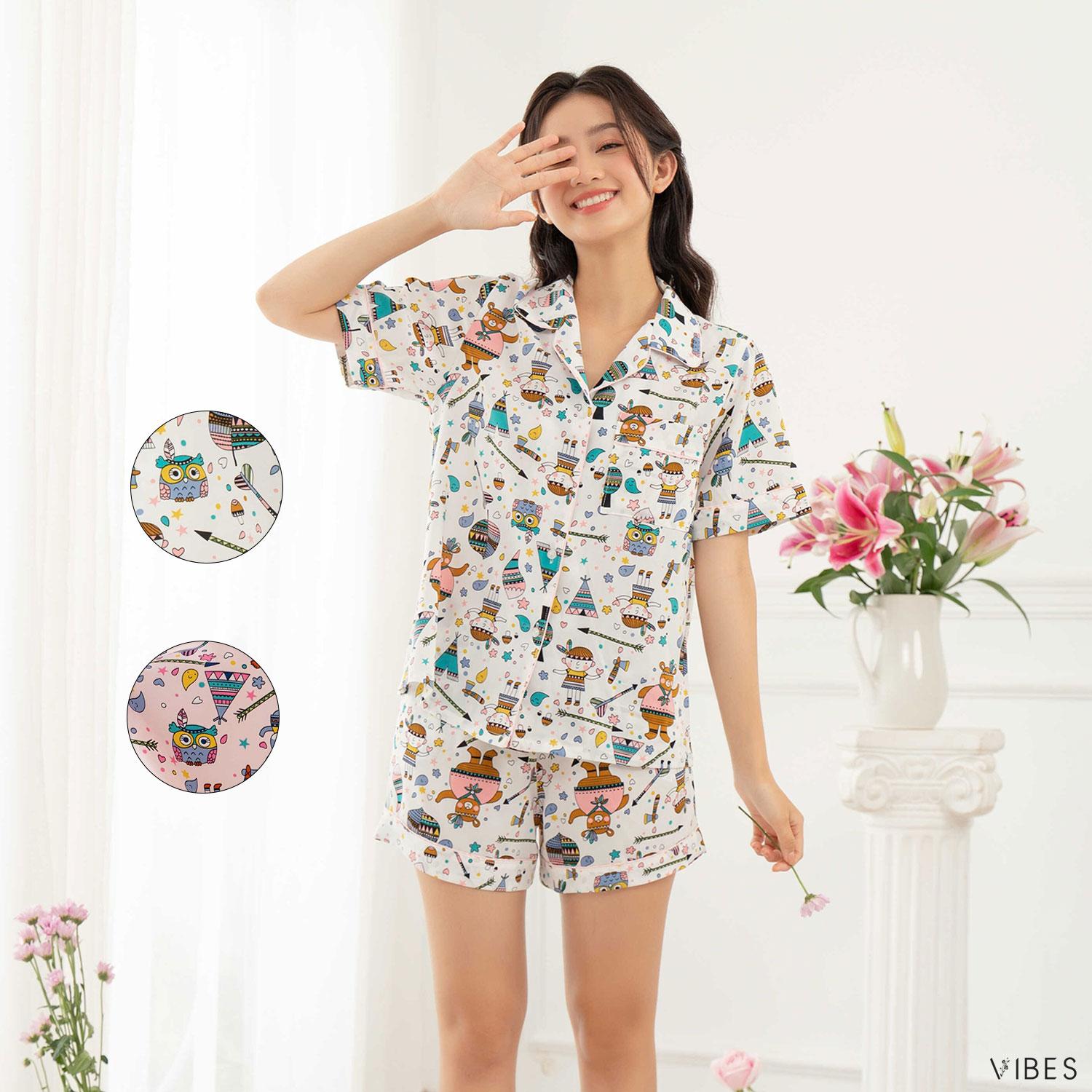 Vibes Women's Home Wear Set: Mango Silk Short Pajamas with Many Patterns, Cool and Lightweight Material, No Wrinkles.