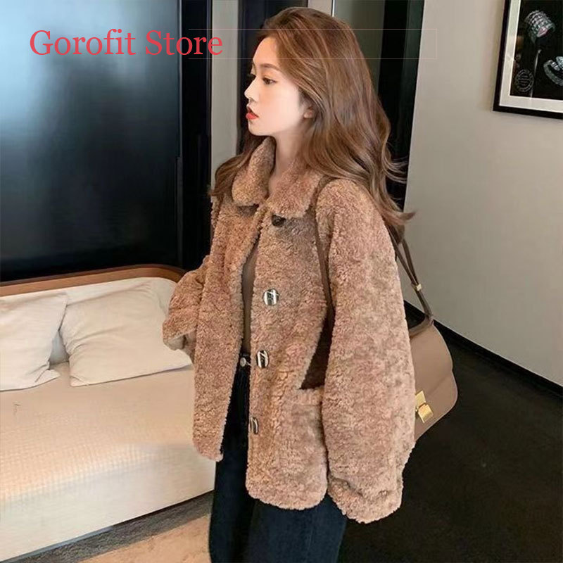 Color Stitching Turnover Neck Thickened Lamb Wool Coat For Women main image 1