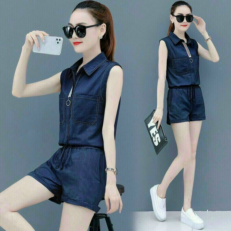 set quần short áo sát nách denim