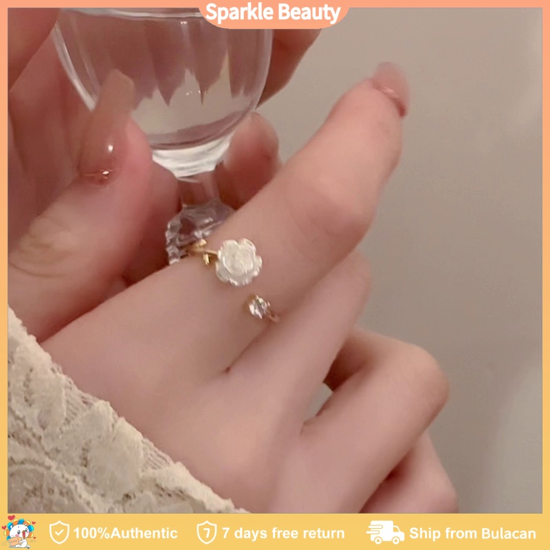 SPKBT Camellia Opening Adjustable Niche Design Rhinestone Temperament Simple Fashion Ring