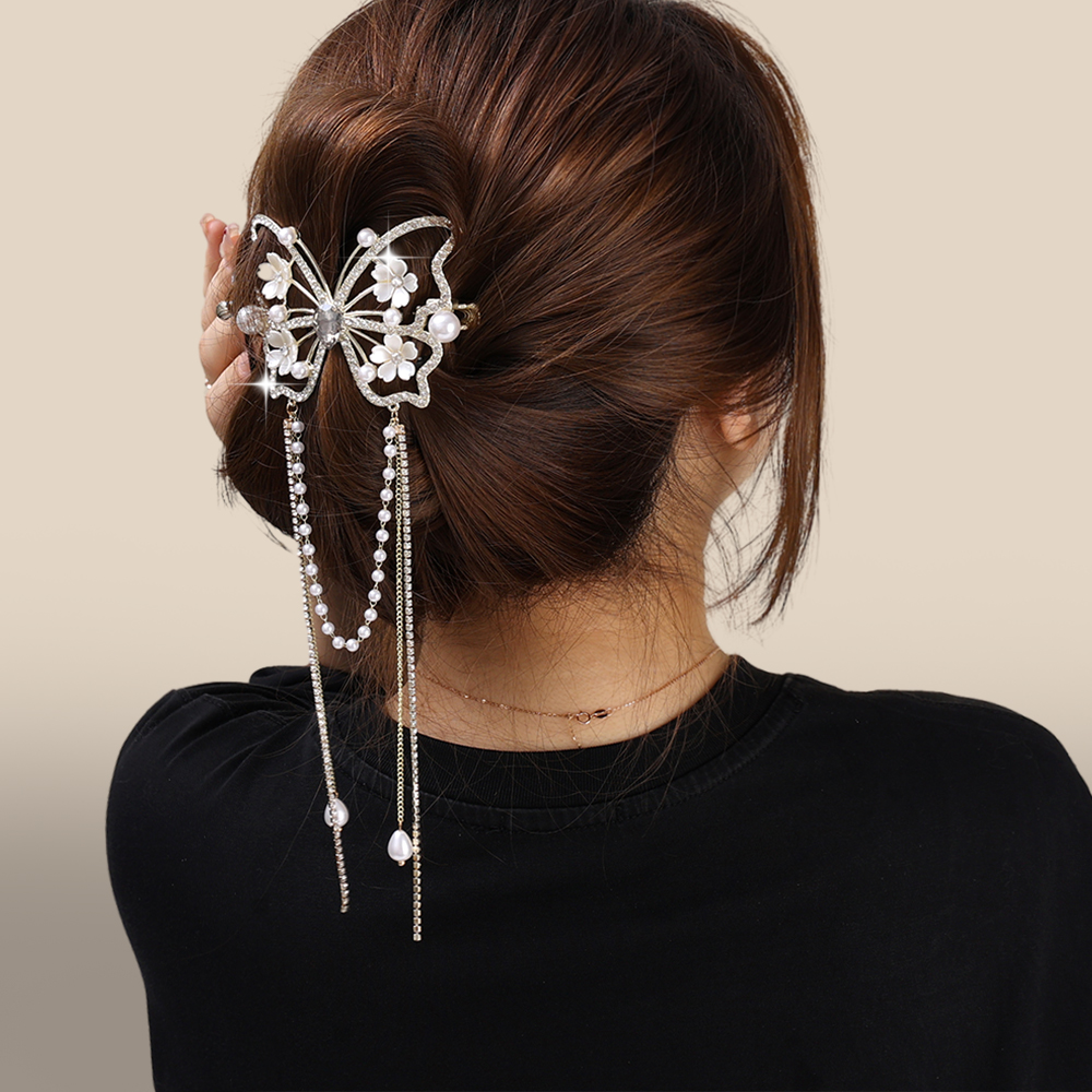 New Retro Fashion Red And White Flower Butterfly Tassel One Word Hair Clip Elegant Accessories For Women.