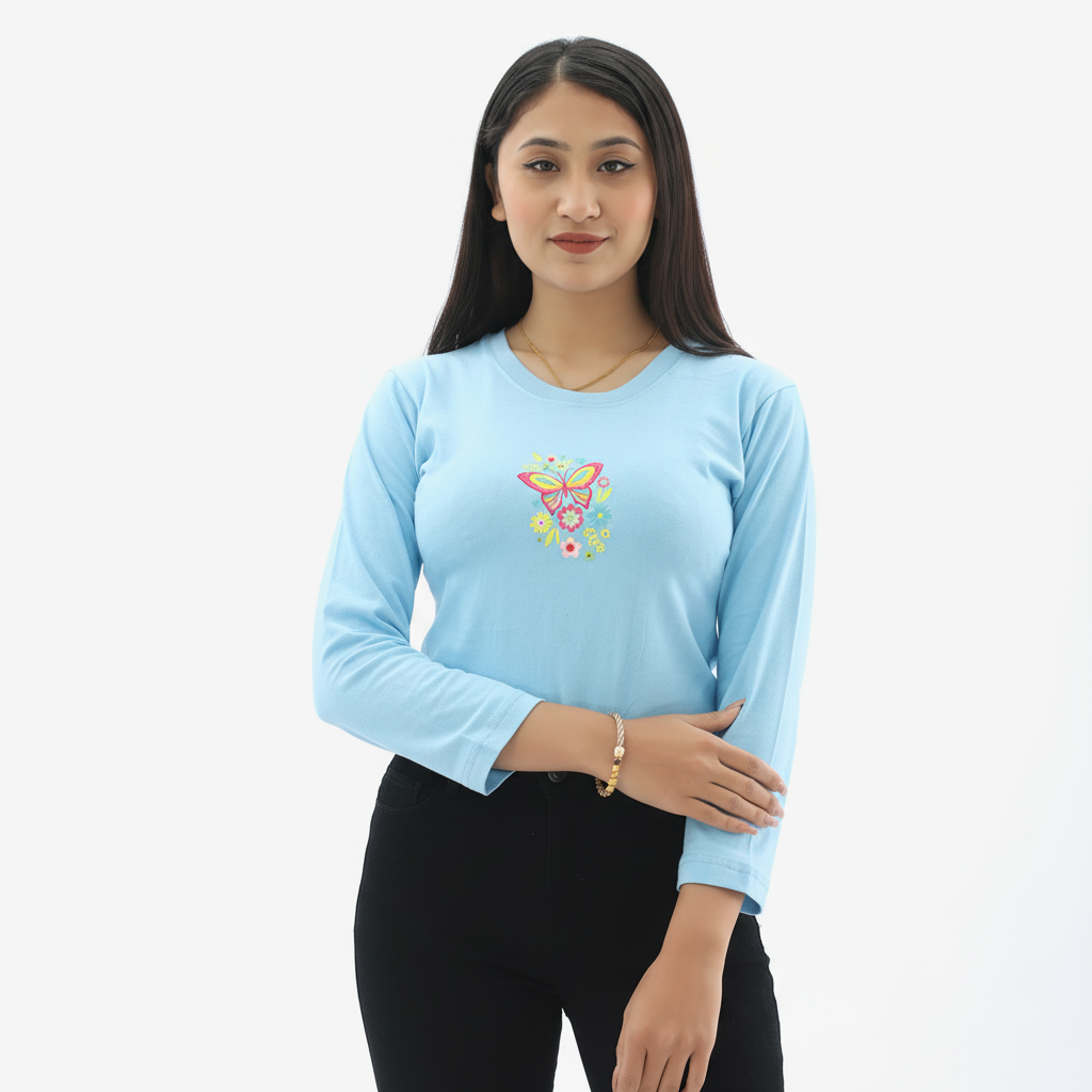 Binay Embroidery Sky Blue Full Sleeve Printed Crop Top T-Shirt For Women- Fashion | T-Shirts For Women | Women's Upper Wear |