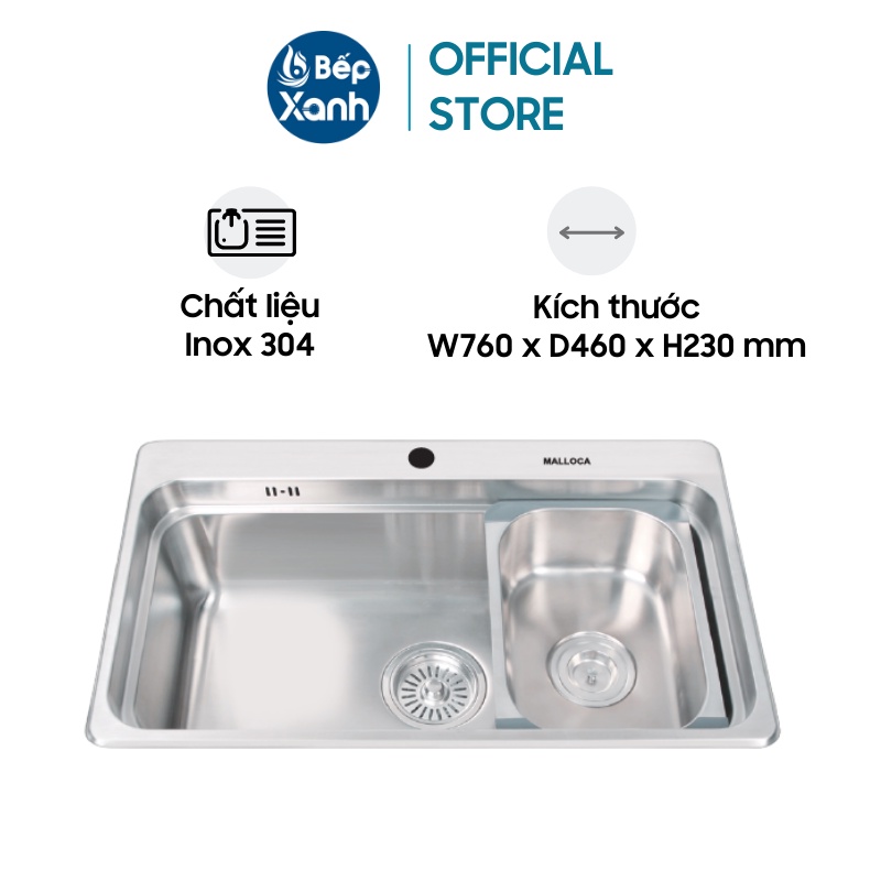 Chậu rửa chén malloca ms 1022d - ngang 76cm - chất liệu inox 304 - bộ xả ngăn mùi thông minh - hàng chính hãng