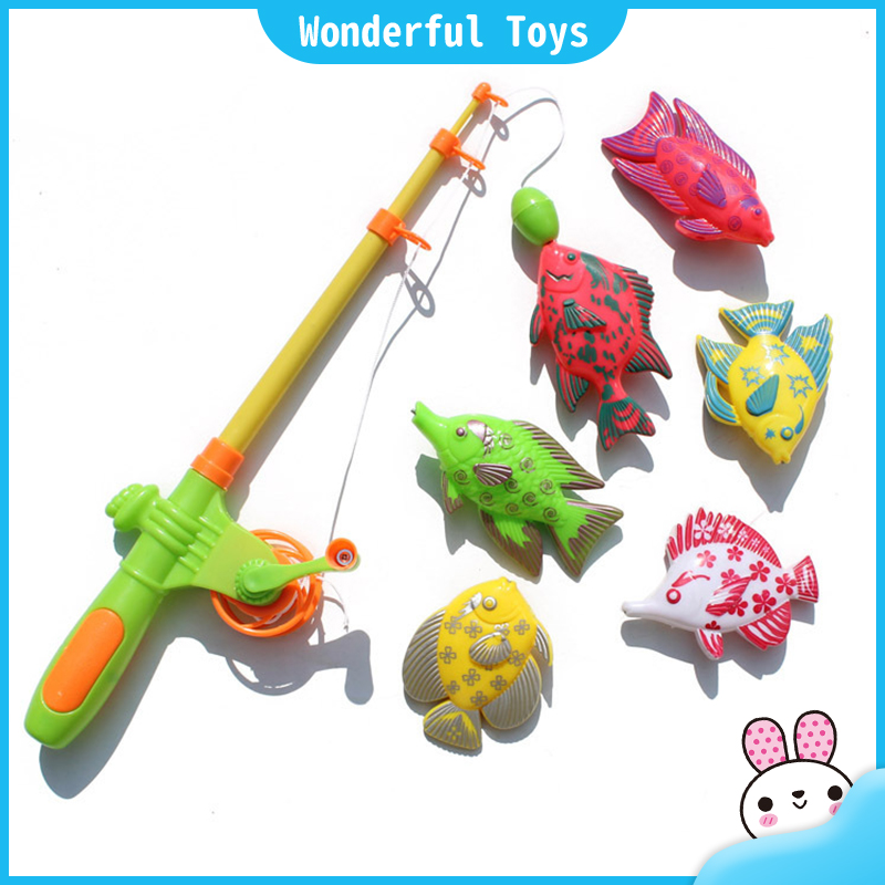 Ready Stock】Children's 7pcs/Set Magnetic Fishing Parent-child interactive  Toys Game Kids 1 Rod 6 3D Fish Baby Bath Toys outdoor toy