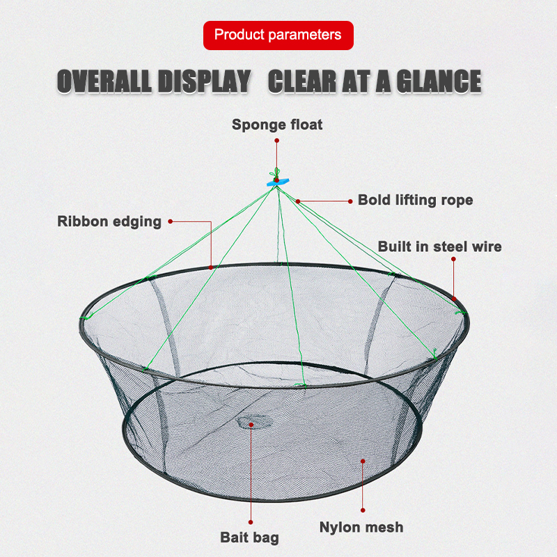 80CM Loose Mouth Folding Drop Fishing Net Shrimp Catcher Tank Casting Network Fish Eels Trap Cage Prawn Bait Crab Netting. 
