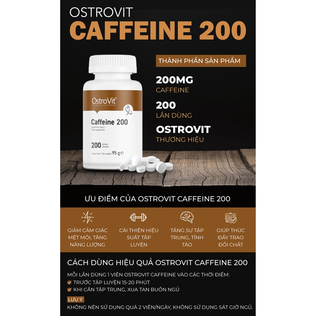 Viên Uống Ostrovit Caffeine (200 Viên) - Hỗ Trợ Tỉnh Táo, Giảm Mệt Mỏi, Tăng Khả Năng Tập Trung Não Bộ