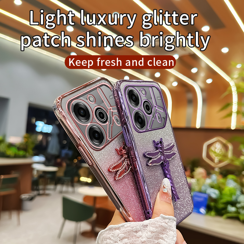 Phone case For Tecno Pova 6 Pro / Tecno Pova 5 Pro case shell Sparkling Gleaming 3D Cartoon Crystal Dragonfly Phone Holder Ultra-thin Silicone Transparent Soft Shell Cases Housing