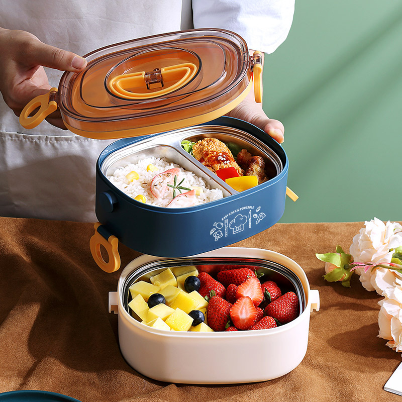 Simple oval-shaped double-layer stainless steel lunch box large-capacity handle compartment lunch box student lunch box