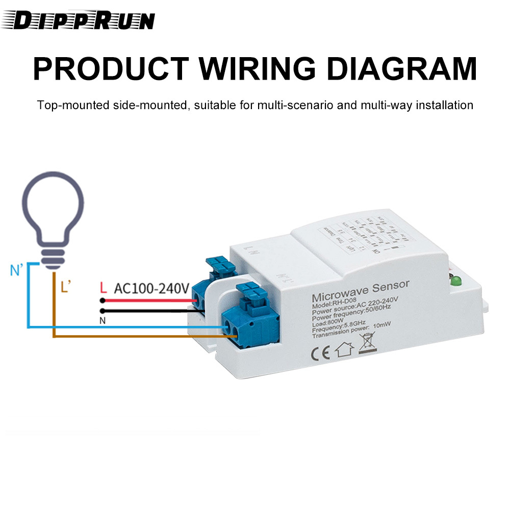 DIPPRUN 5.8G Microwave Radar Sensor Switch DIP 220-240V 360 Degree Microwave Sensor High Sensitivity Long Distance Microwave Detector Switch