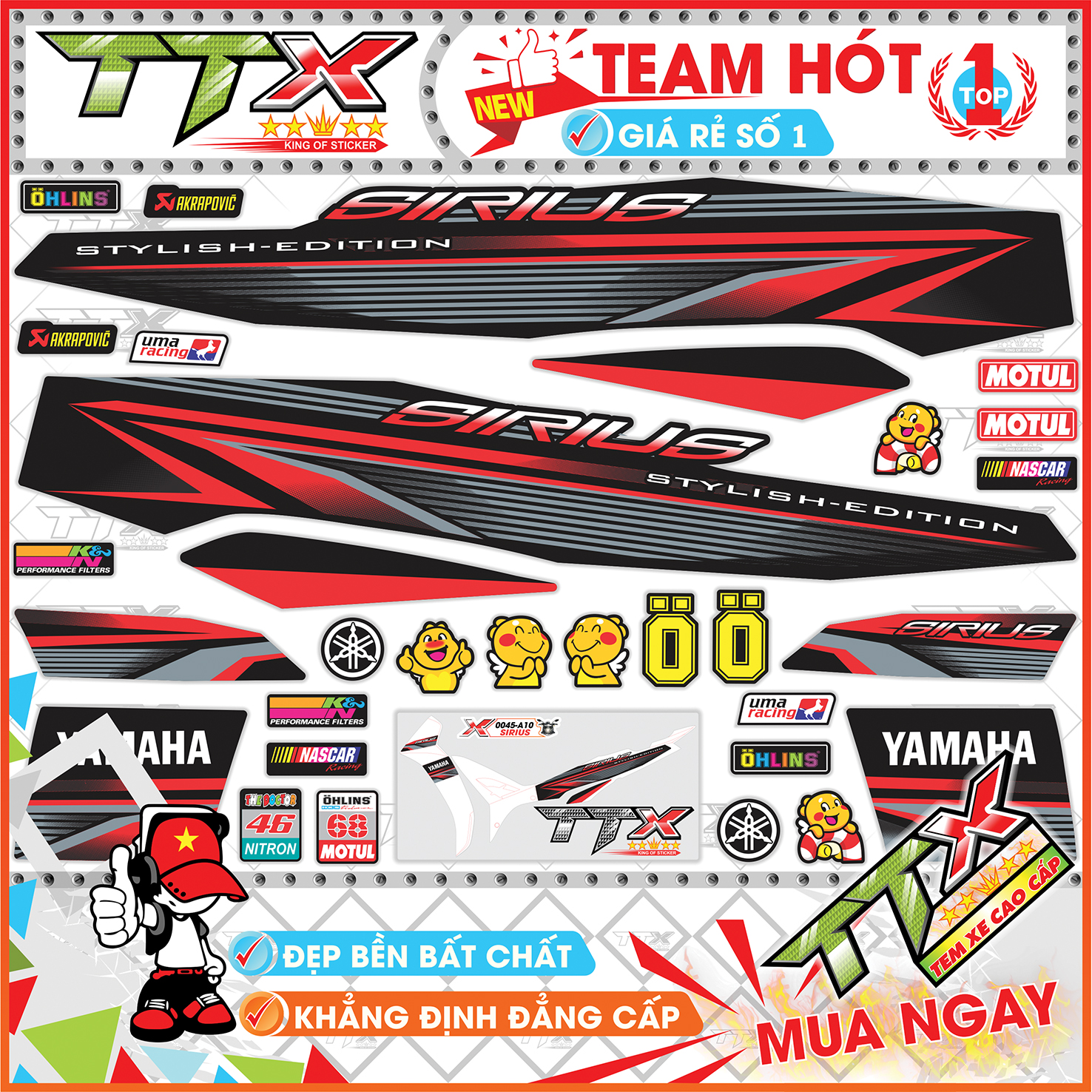 Tem rời sirius chỉ đỏ , Team chế sirius dán xe màu đen đỏ siêu đẹp , Shop TTX Tem xe sirius