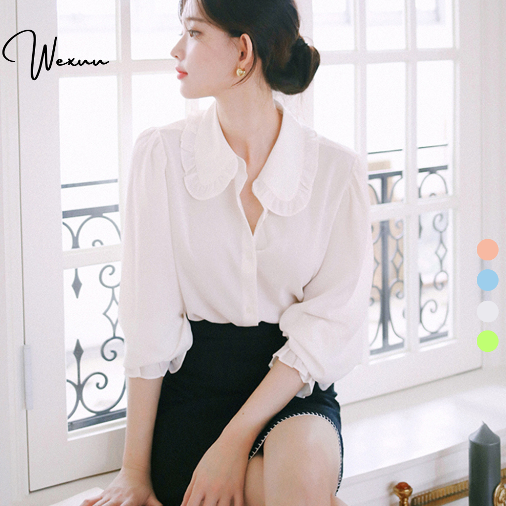 Áo sơ mi nữ dài tay công sở XUU, áo nữ phối viền bèo công sở- XXu03 trắng