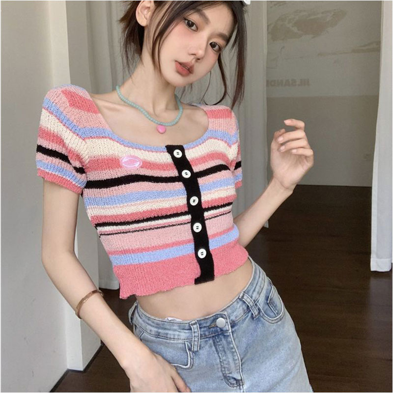 Guima Women's knitted T-shirt Color Striped Square Neck Short Sleeve Knit Sweater Design sense babes slim slim short tops for women
