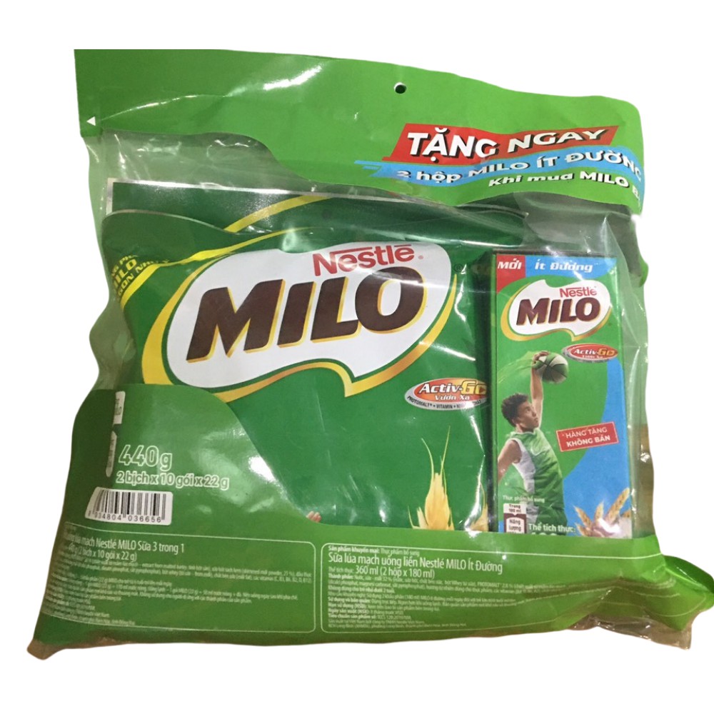 Bột milo 3in1 lúa mạch 15*22g(tặng 2 hộp Milo ít đường)