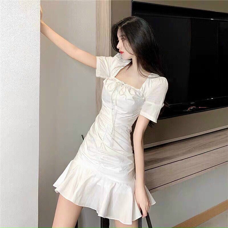 Váy Trắng, Váy Nữ, Đầm Nữ Cổ Vuông Đuôi Cá