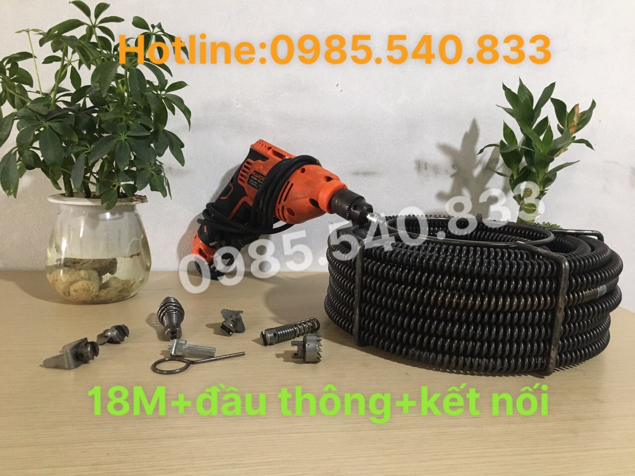 Dây thông tắc cống dùng cho máy khoan ( 18m dây + 6 đầu thông + đầu kết nối máy khoan )