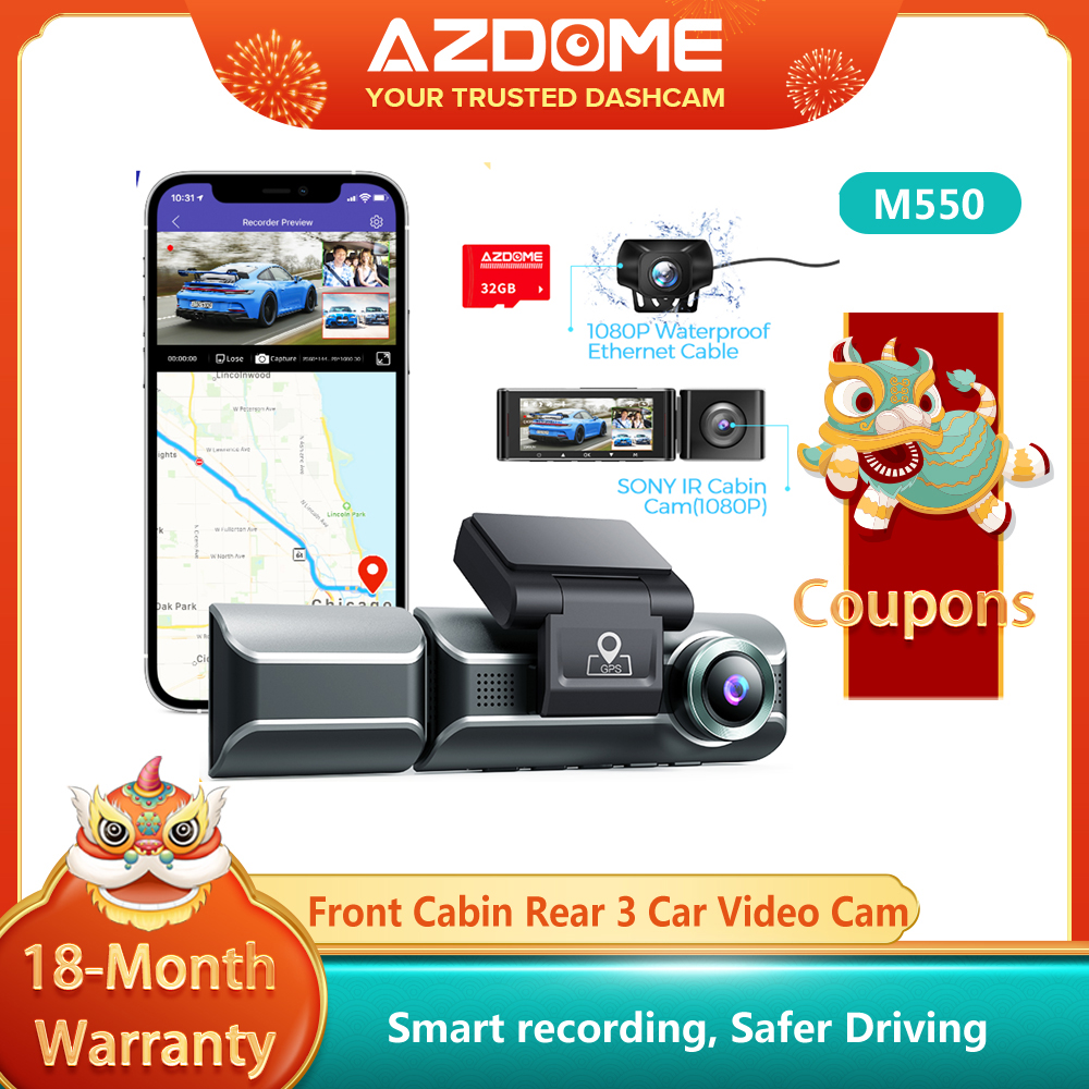 Free to 64GB✓AZDOME M550 Channels Car Camera Recorder 4K/2K Wifi GPS  Night Vision,Interior Cabin,Front and Rear Back Full HD 1080P DVR Cameras  for Car Dash Camera Kereta Hidden Dash Cam for