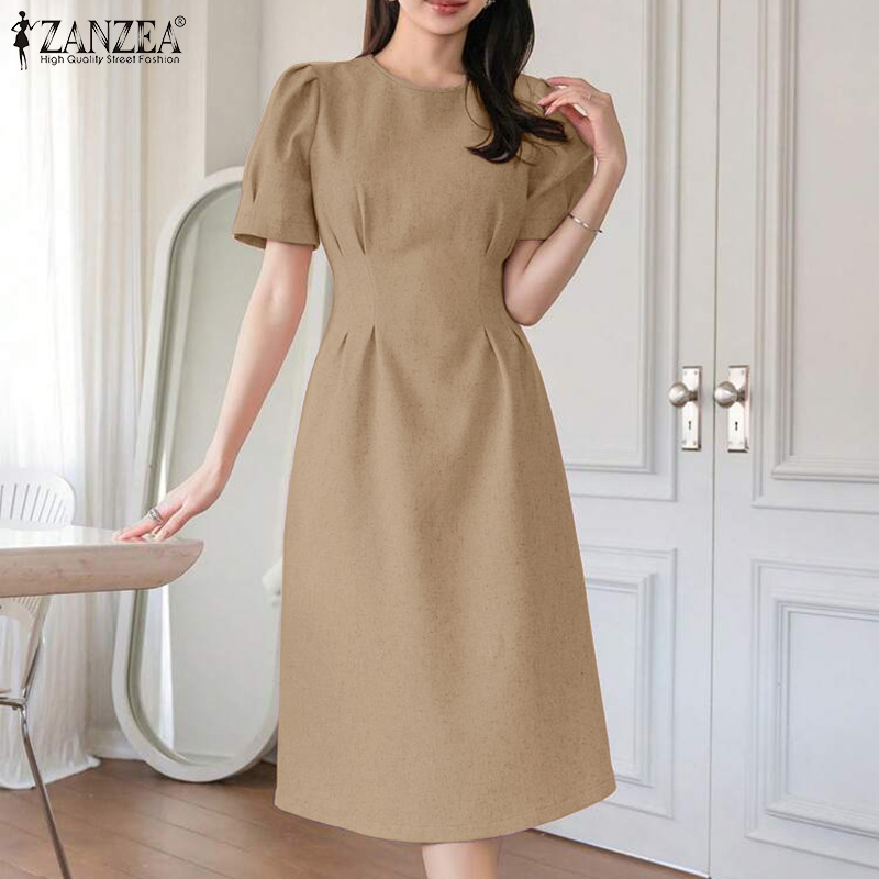 ZANZEA%20Korean%20Style%20Women%20Formal%20Office%20Plain%20Crew%20Neck%20Dresses%20Puff%20Sleeve%20Midi%20Dress%20#0609%20-%20Image%209