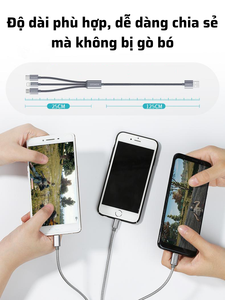 Cáp sạc Romoss, cáp sạc 3in1 CB25A cổng sạc Type-C Lightning Micro USB dây dài 2m