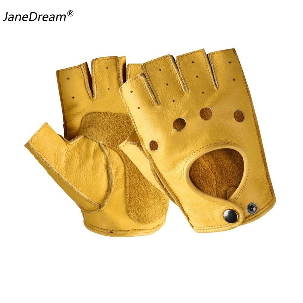 JaneDream 1 Pair Men's Sheepskin Half Finger Fitness Gloves Black Yellow Wear-resisting Outdoor Riding Motorcycle Comfortable Non-slip Cowhide Gloves