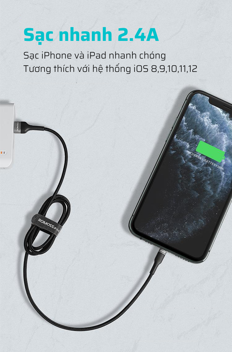 Cáp sạc nhanh Romoss, cáp sạc nhanh CB12B cổng Micro USB to Lighting