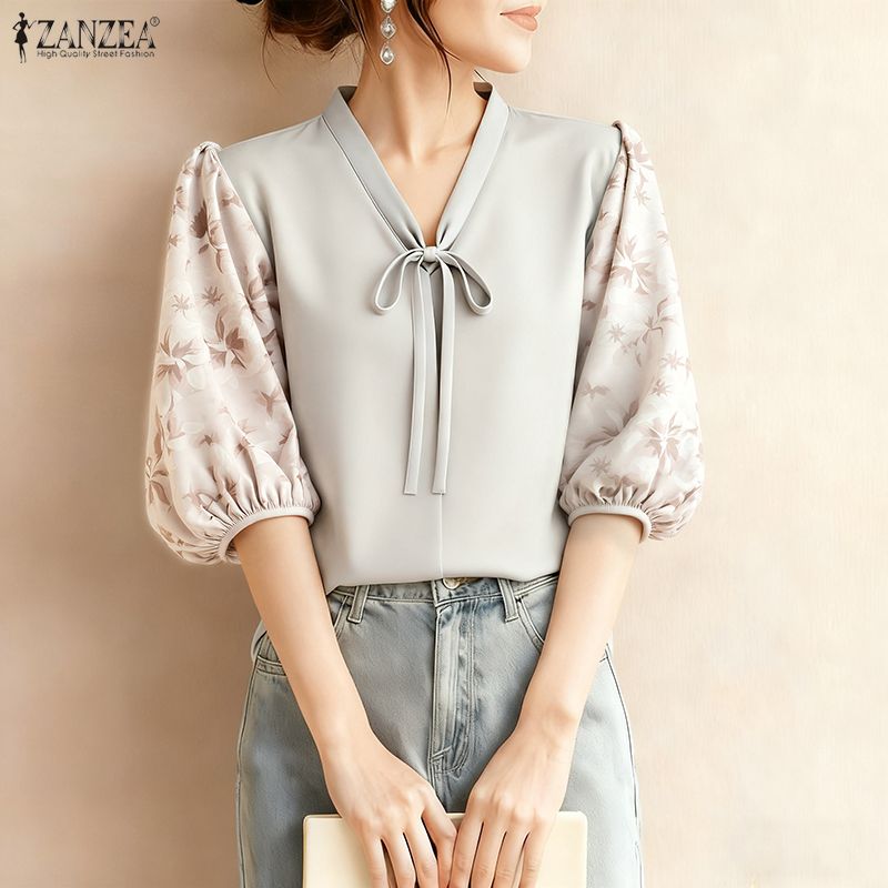 ZANZEA Korean Style Women Stylish V-Neck Lace-Up Half Lantern