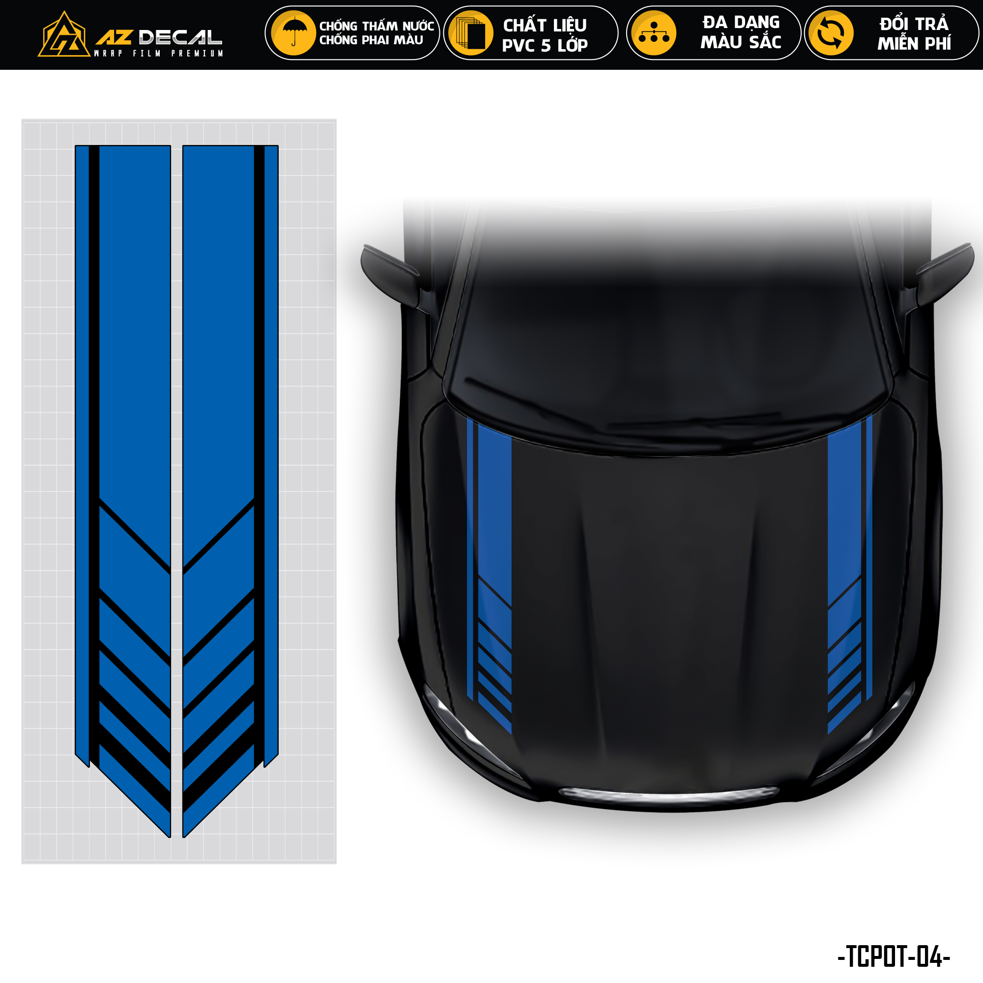 Tem dán nắp capo xe ô tô phong cách sport racing | tcpot-04 | decal dán nắp capo, sườn xe oto chống nước, bền màu - azdecal