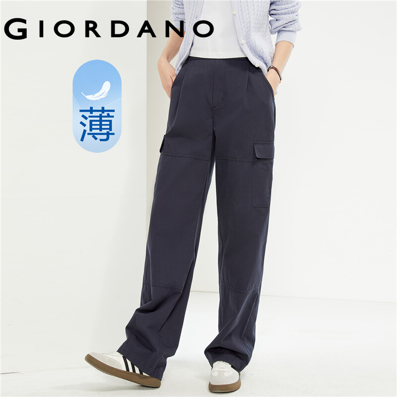 Giordano women pants 100% cotton flap pockets cargo pants half elastic waist lightweight stylish fashion casual pants 13414324