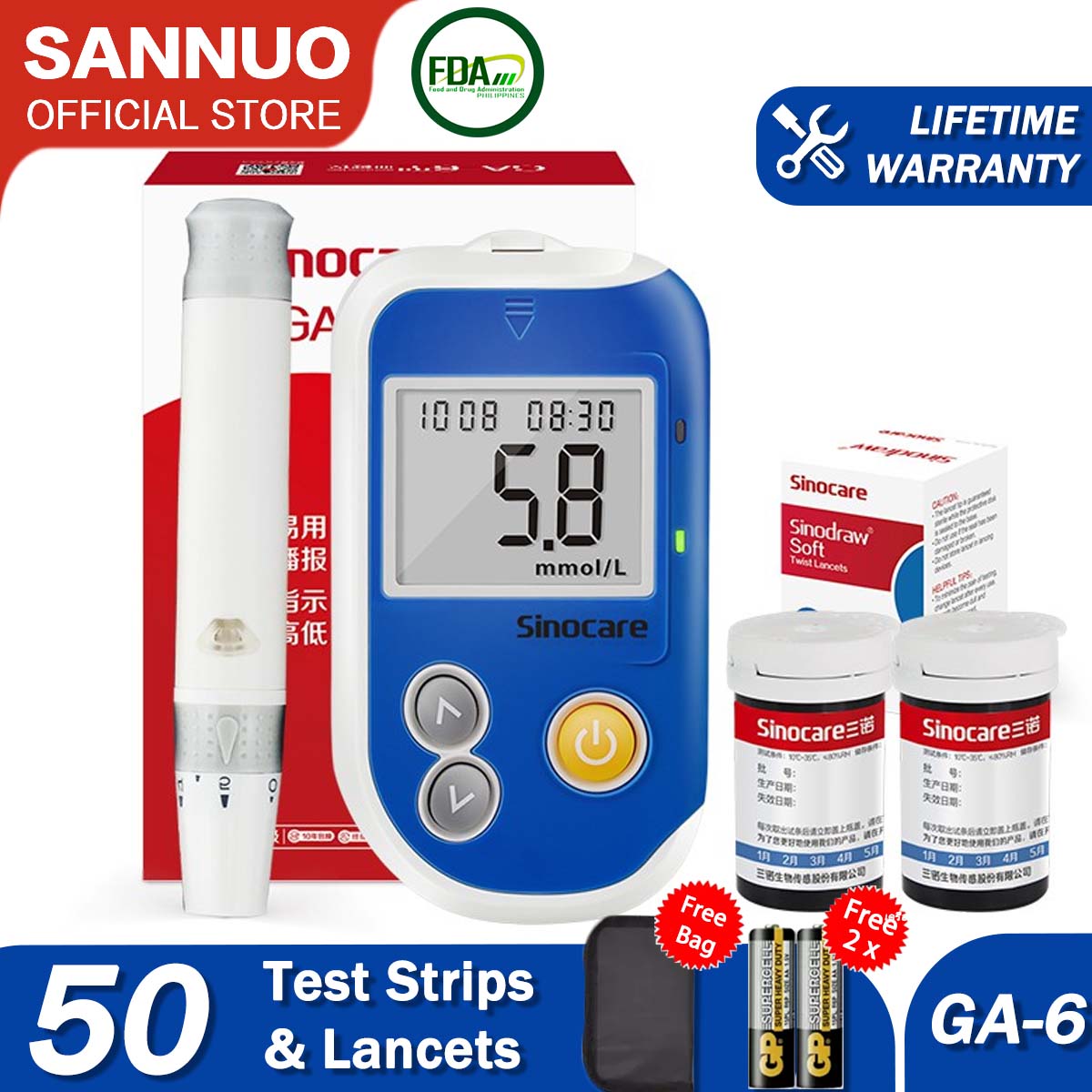 Sannuo Sinocare GA-6 Blood Glucose Meter Sugar Monitoring With 50 Pcs ...