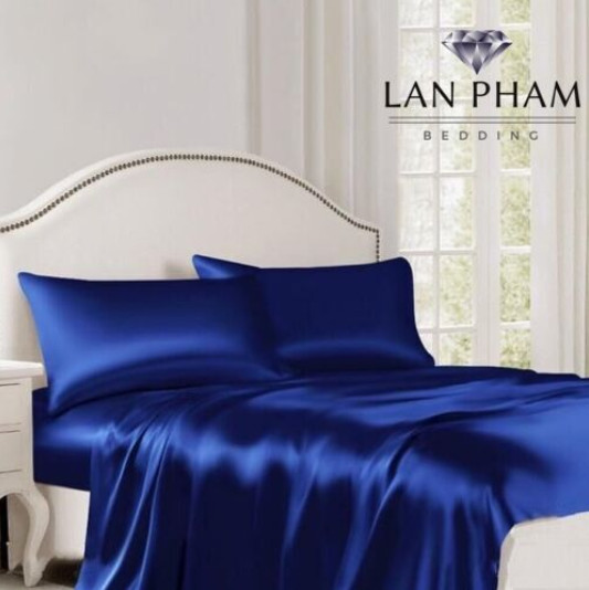 ( Lụa Loại 1) Bộ 4 Món Ga Gối Phi Lụa Màu Xanh Coban Cao Cấp Mềm Mại Lan Pham Bedding