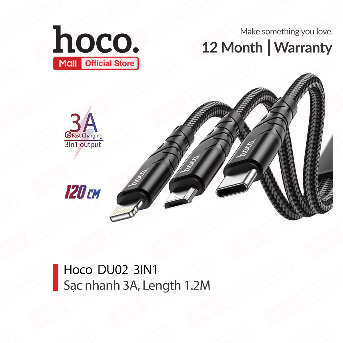 Cáp sạc 3in1 hoco du02 lightning/type-c/micro sạc nhanh 3a dây dù siêu bền dài 1.2m cho smartphone