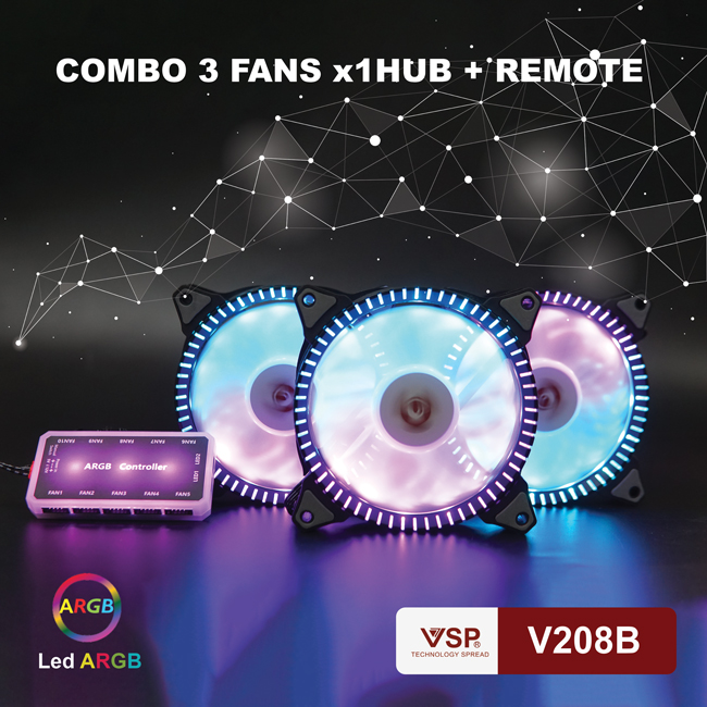 Bộ 3 quạt tản nhiệt VSP V208B LED RGB