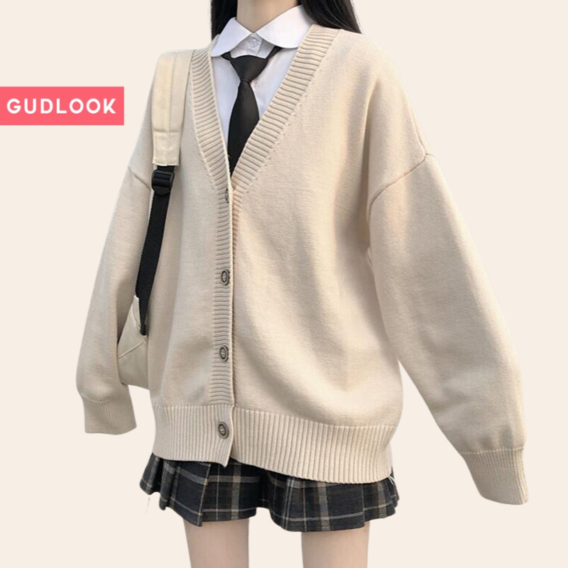 Áo Len Cardigan Basic GUDLOOK Form Rộng Màu Be Dễ Phối Đồ