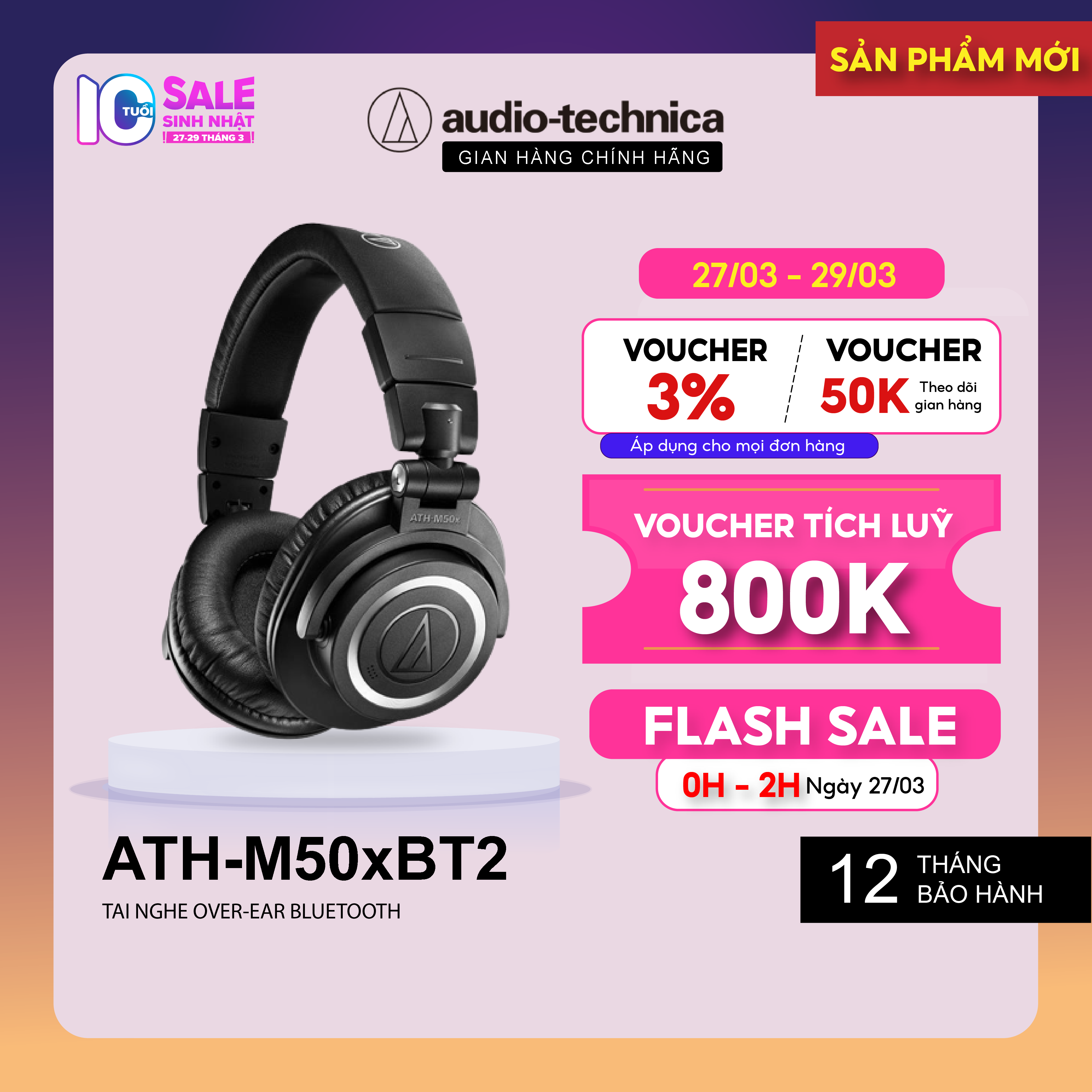 Tai Nghe Bluetooth Choàng Đầu Kiểm Âm Over Ear Audio Technica ATH-M50xBT2 Hàng Chính Hãng thumbnail