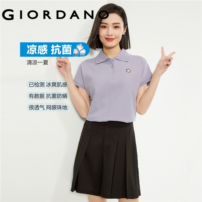 Giordano nữ áo sơ mi polo đá làm mát thêu hoa áo sơ mi polo nữ tay ngắn mùa hè thời trang áo sơ mi polo 05314392