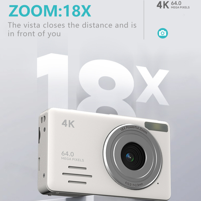 Compact 4K Ultra HD SLR Camera CCD Mini Digital Card Camera 64MP 18x Zoom Photo Video Recording Camera with LED Fill Light. 