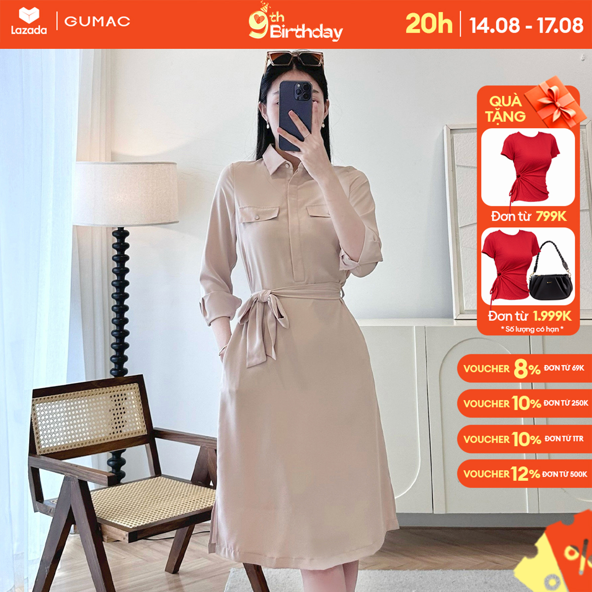 Đầm sơ mi nắp túi thời trang gumac dd12043