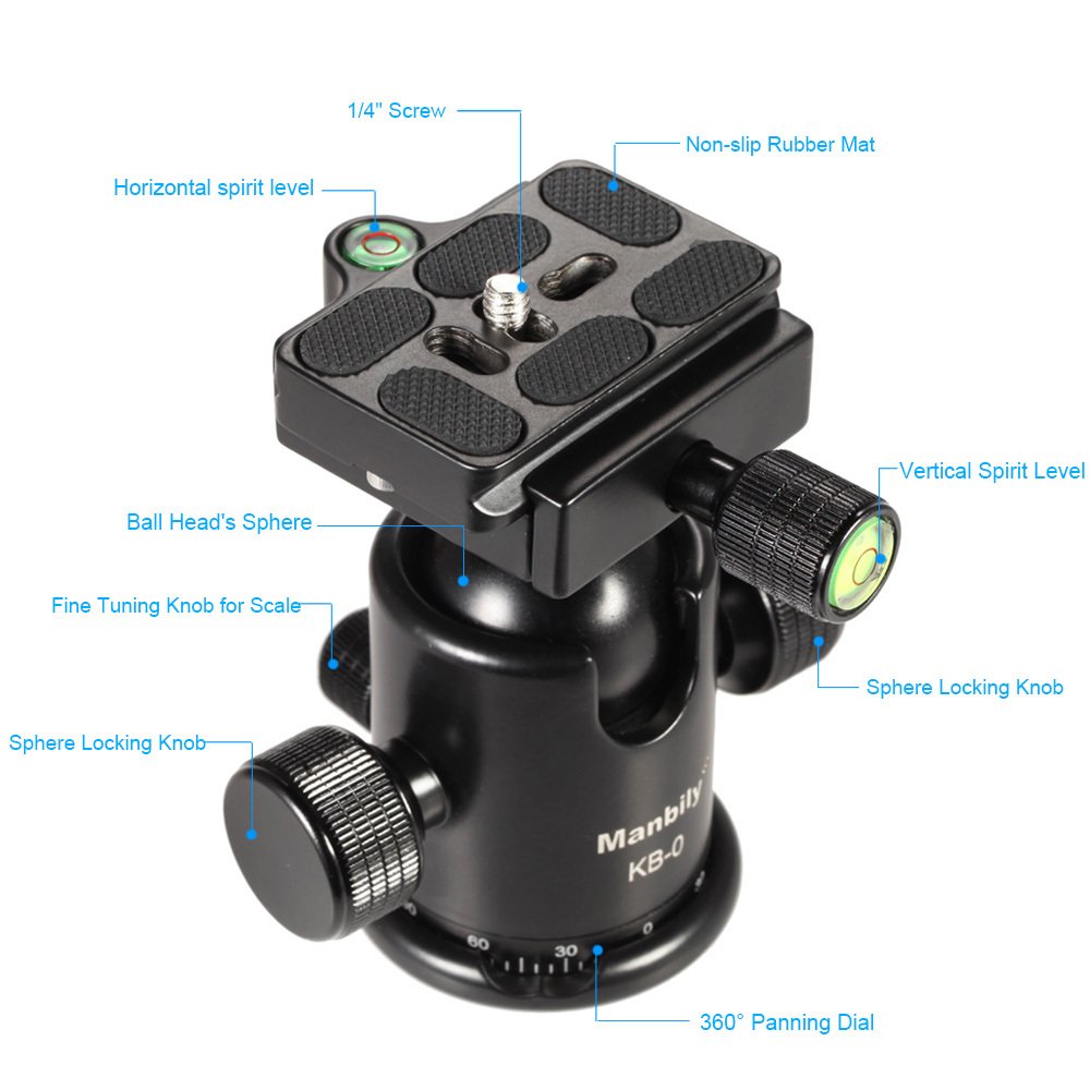 Manbily Đầu Ba Chân Chuyên Nghiệp KB-0 Đầu Bi Máy Ảnh Đầu Ray Trượt Toàn Cảnh Với 2 Cấp Độ Tinh Thần Tích Hợp Hợp Hợp Kim Nhôm Chịu Tải Tối Đa 15Kg