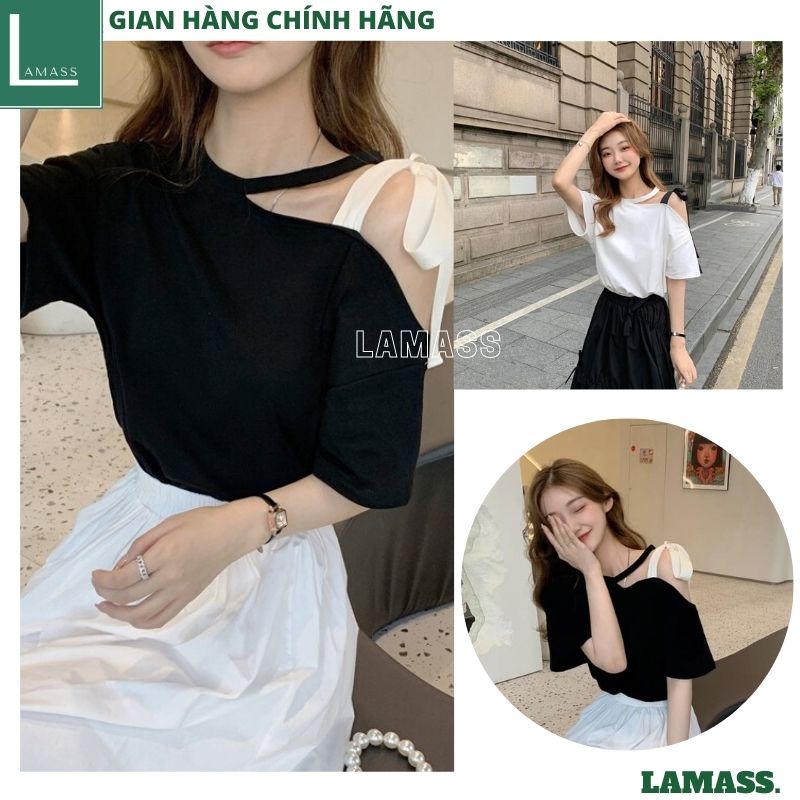 Áo thun choker trễ vai thắt nơ tay lỡ- áo phông cộc tay from rộng unisex ulzzang vintage , áo thun nữ kiểu, áo chorker nữ, áo trễ vai kiểu thời trang hàn quốc -LAMASS