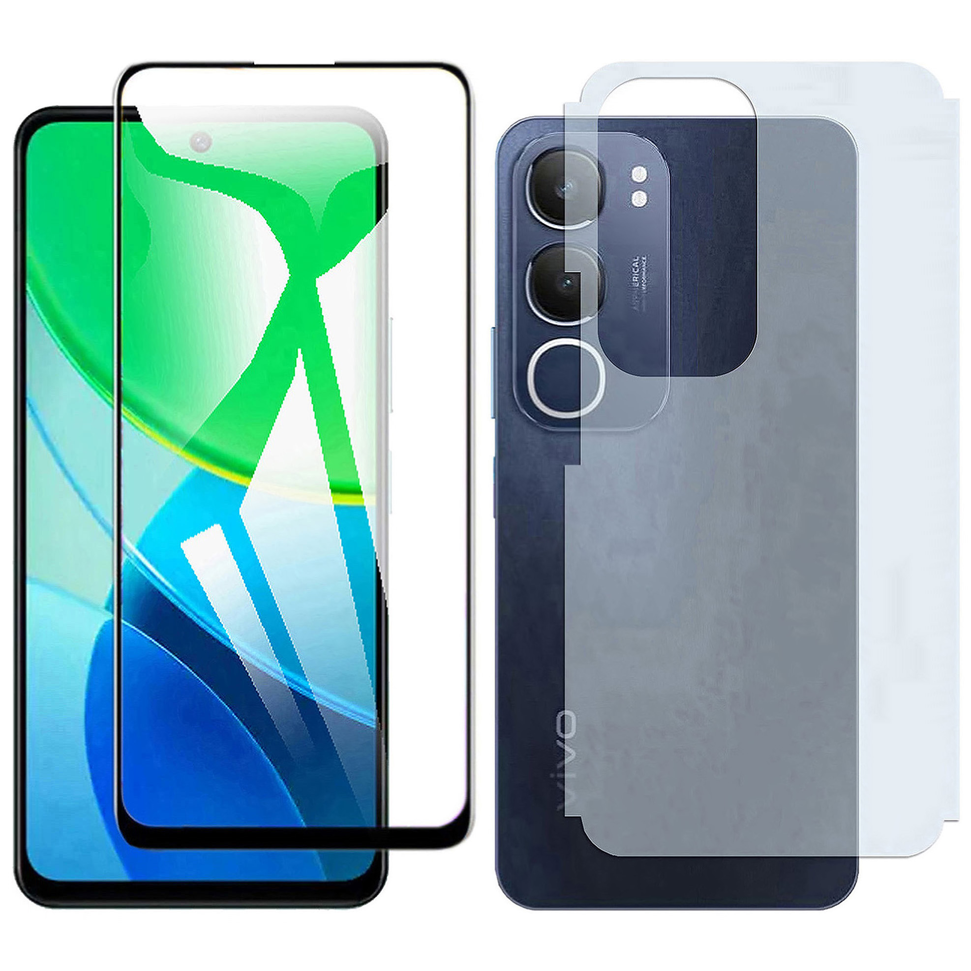 Vivo Y19s Full Black 9D/5D/6D /10D/11D/21D Tempered Glass Screen Protector Edge to Edge Full Glue Safety Glass + Back Matte Protector Soft Film Protector For Vivo Y19s. 