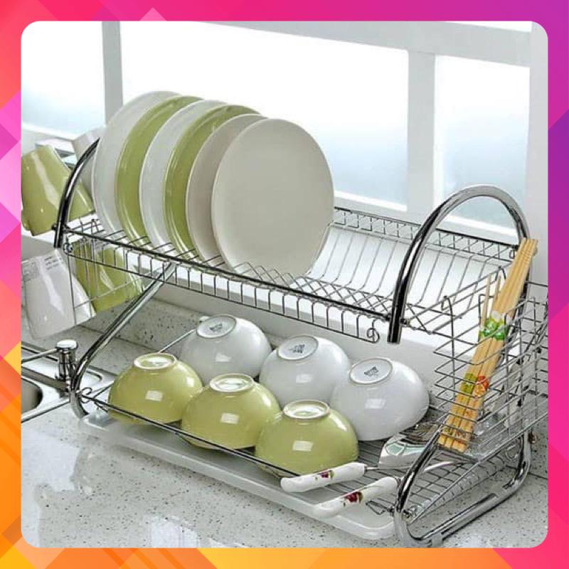 Kệ úp chén bát 2 tầng inox có khay hứng nước