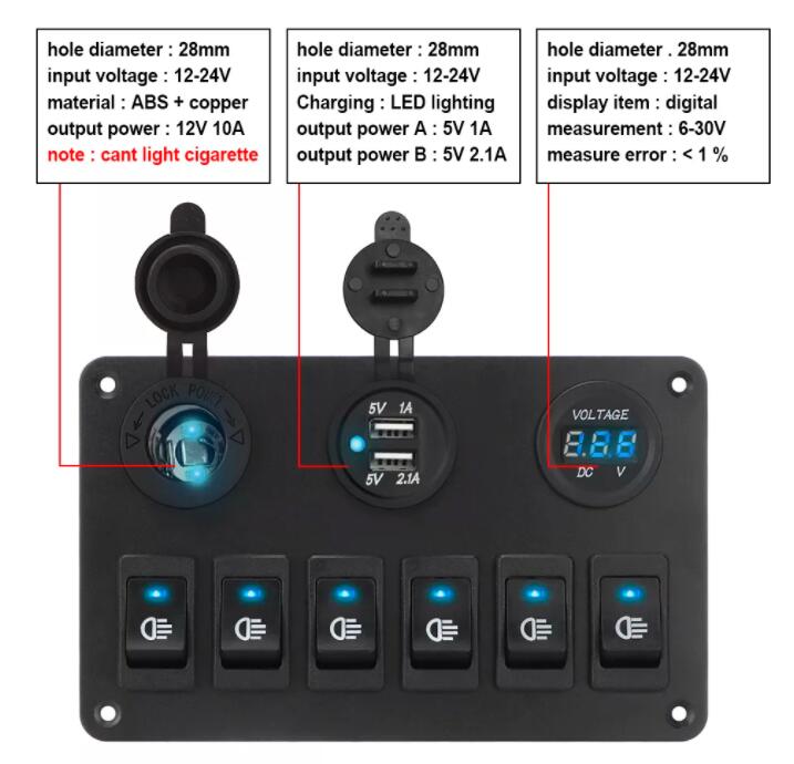 6 Gang LED Switch Panel Car DC 12V 24V Switch with Waterproof Dual USB LED Voltmeter Waterproof Switch Board Blue LED On Off Switch Board 6 Gang 12V Car Boat Circuit, Dual USB