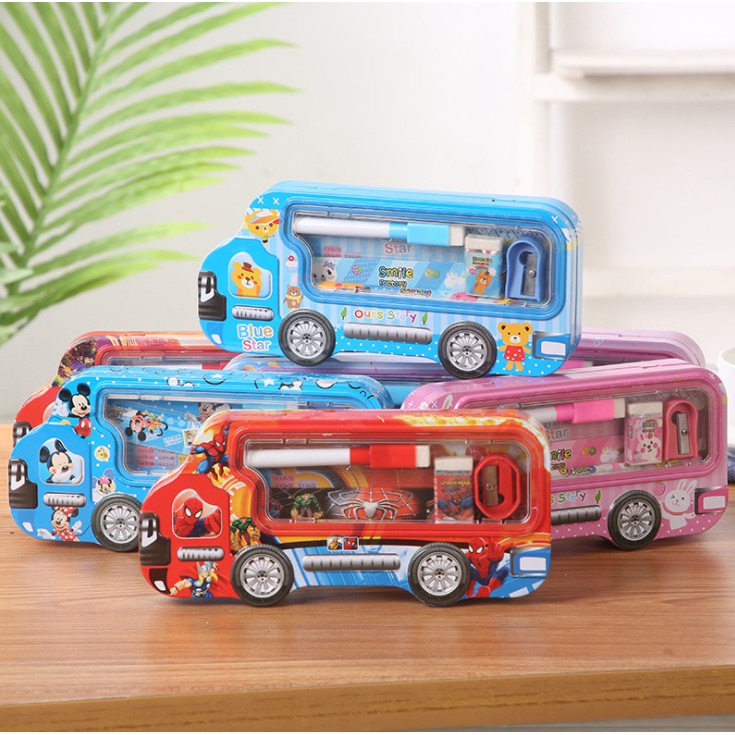 Hộp Đựng Bút Viết + Bộ Dụng Cụ Học Tập Kiểu Dáng Chiếc Xe Hơi, Họa Tiết Nhân Vật Hoạt Hình Xinh Xắn