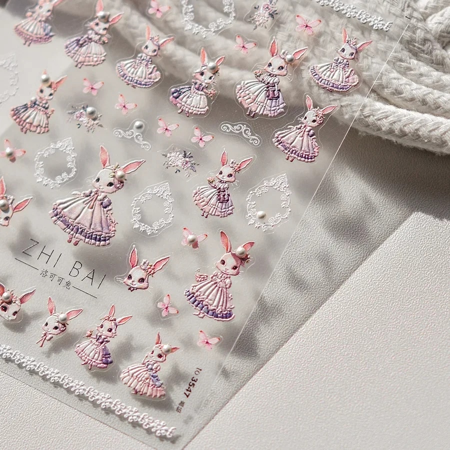 Noble Rococo Bunny Girl Pearl Butterfly Easter Egg Rabbit Soft Relief Self Adhesive 5D Nail Art Decoration Sticker 3D Nail Decal. 